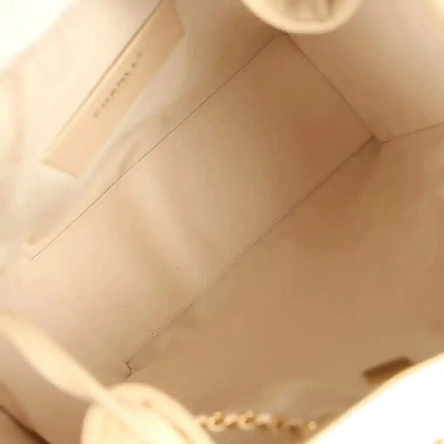 Hobo bag interior lining in light beige fabric with top opening and chain hardware