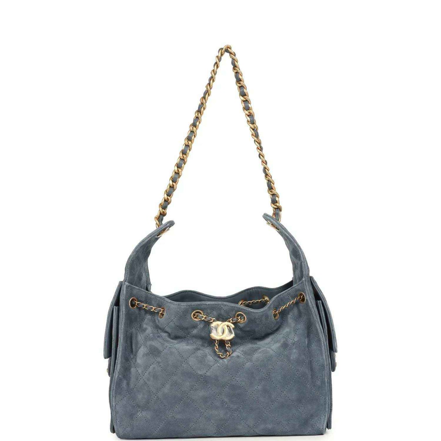 Small Chanel hobo bag in blue suede with diamond-quilt texture, gold chain handles, charm
