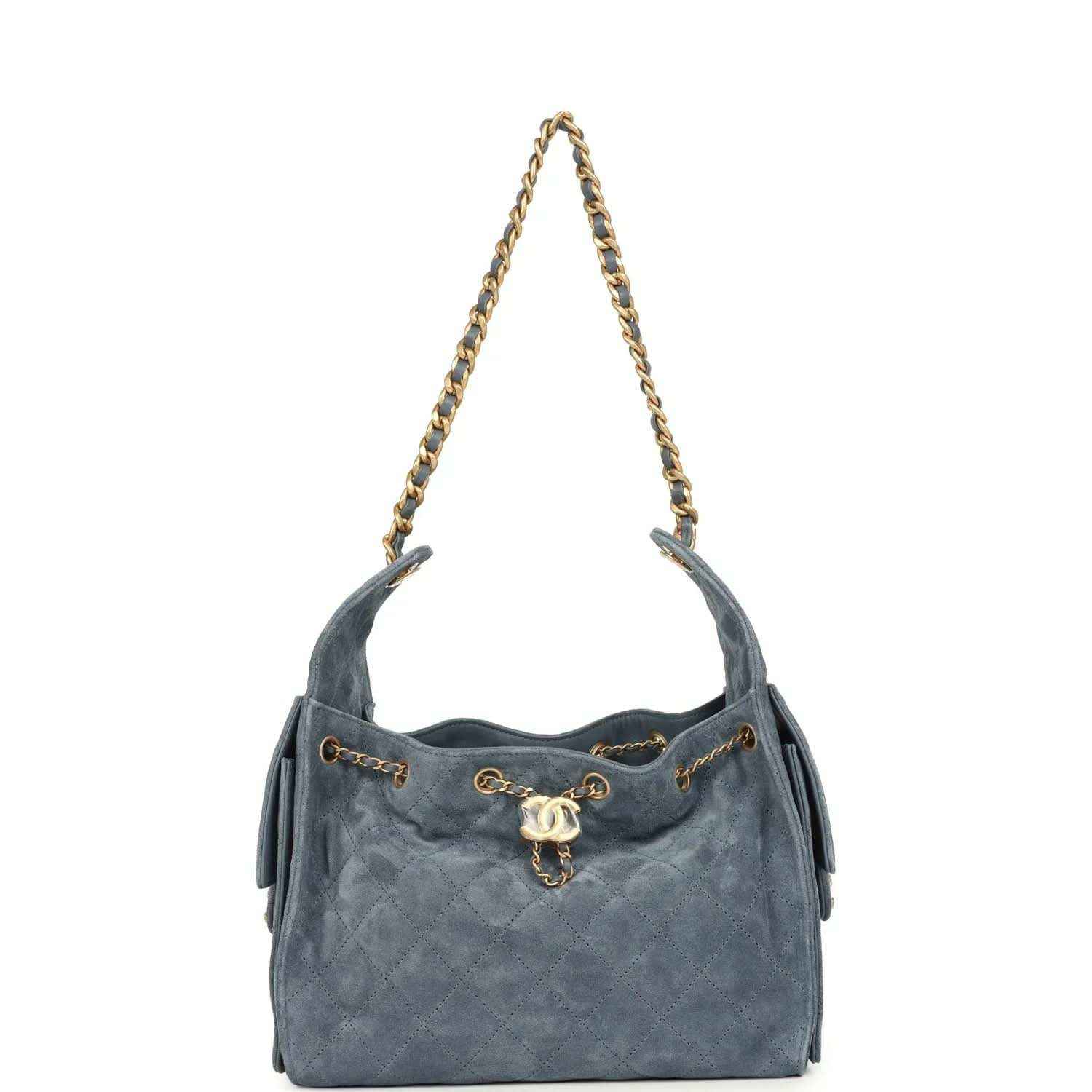 Small Chanel hobo bag in blue suede with diamond-quilt texture, gold chain handles, charm