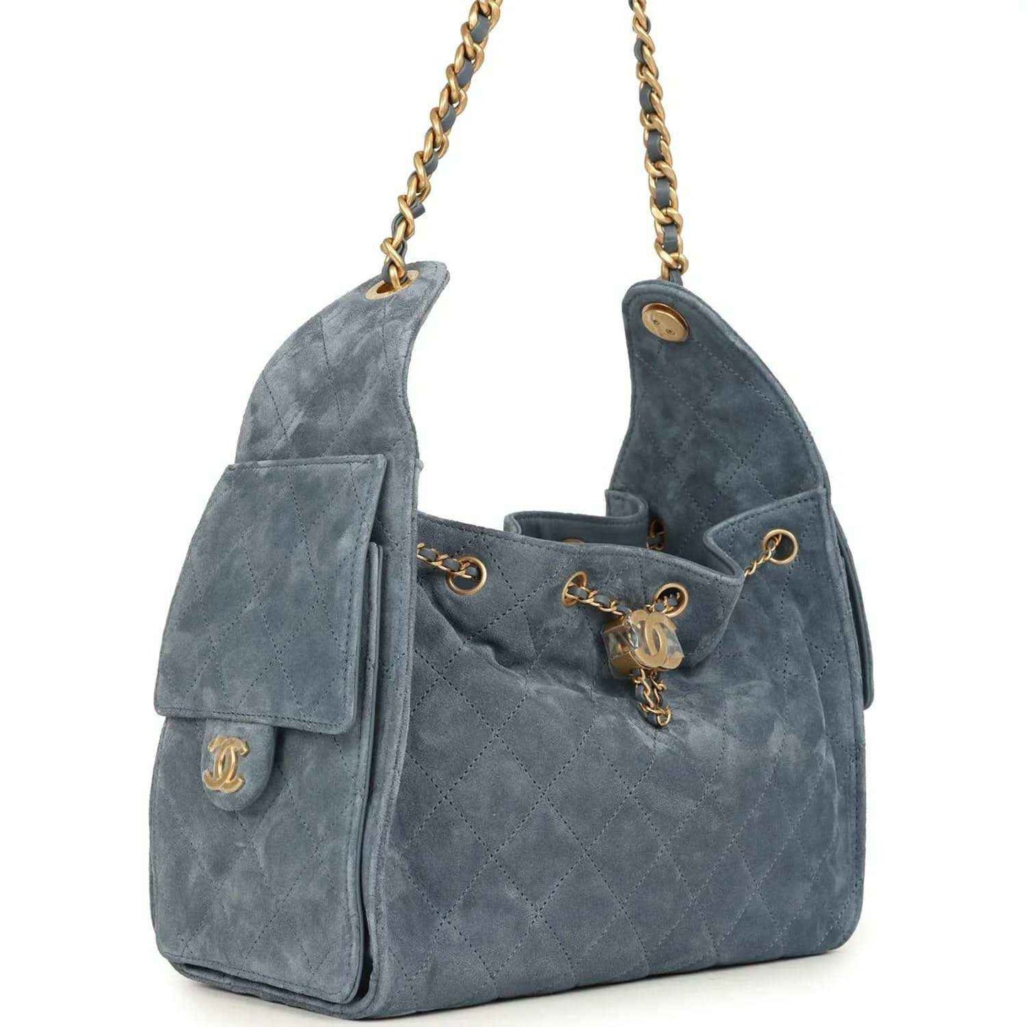 Small Chanel hobo bag in blue suede with quilted texture, side flap pocket, gold chain