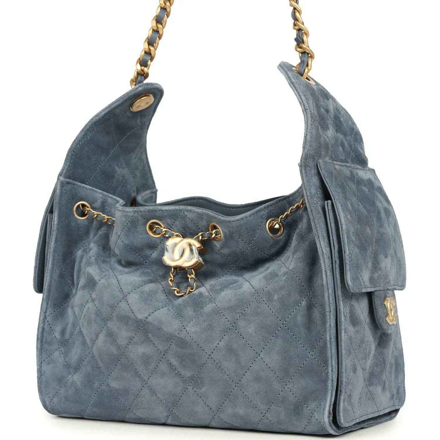 Small Chanel hobo bag in blue suede with quilted front, front flap, and gold chain strap