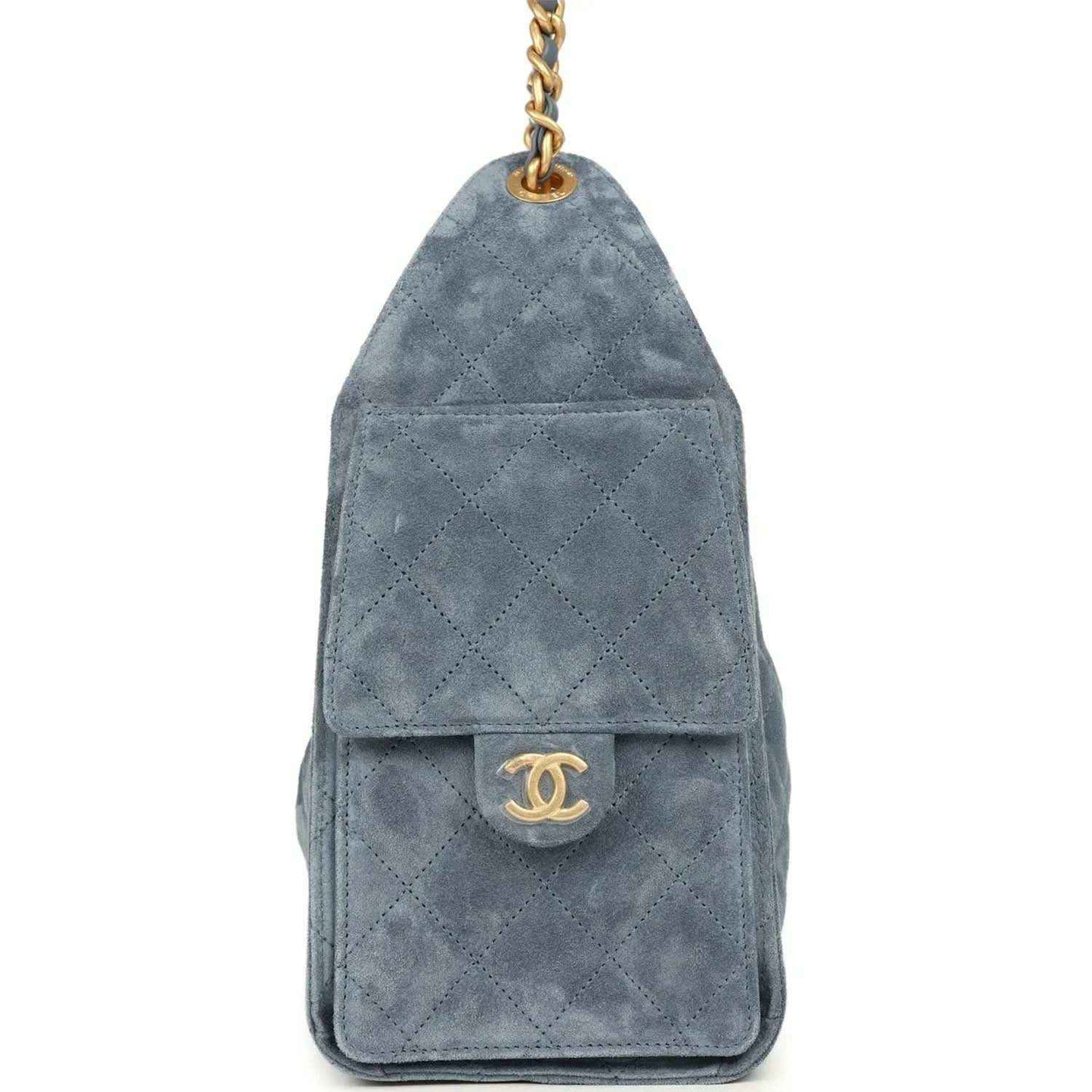 Small Chanel hobo bag in blue suede with quilted back and gold Chanel logo plaque