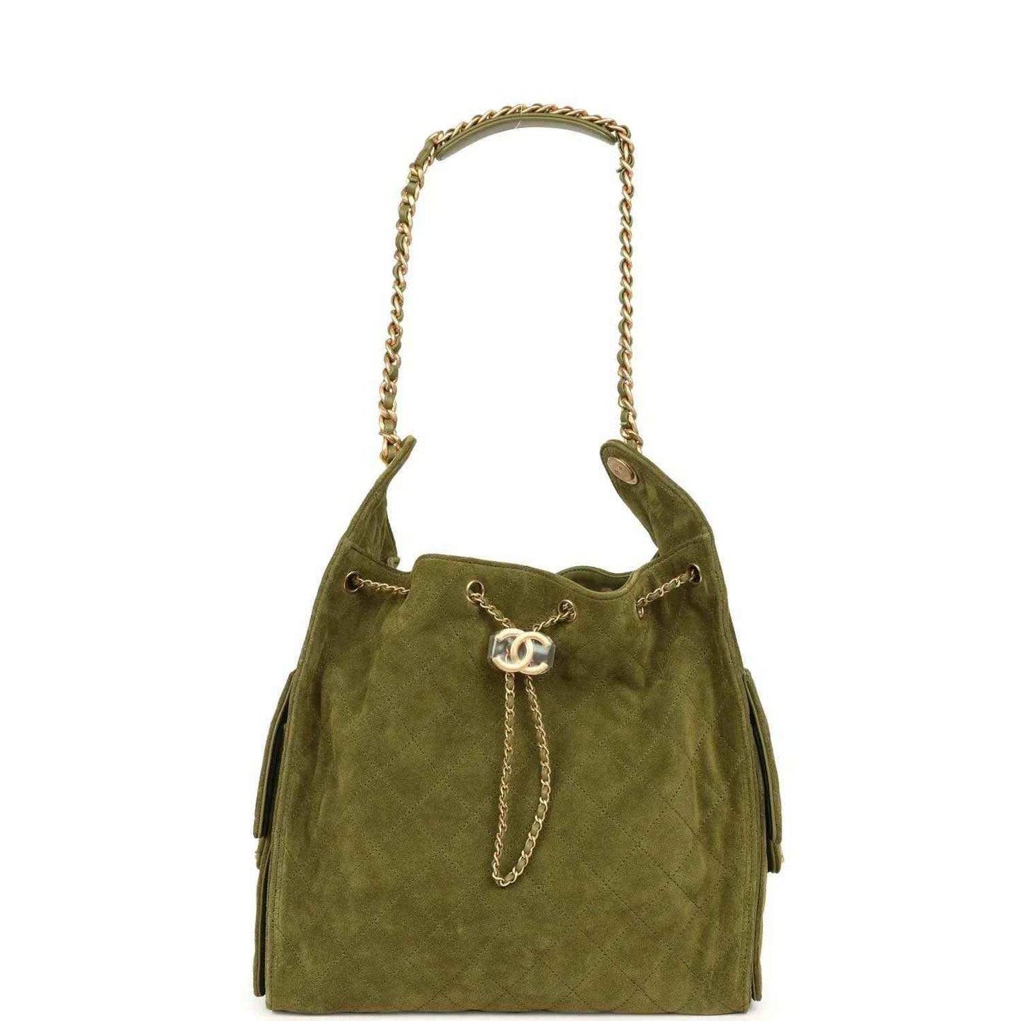 Khaki suede hobo bag with chain handles and CC logo at center, gold hardware