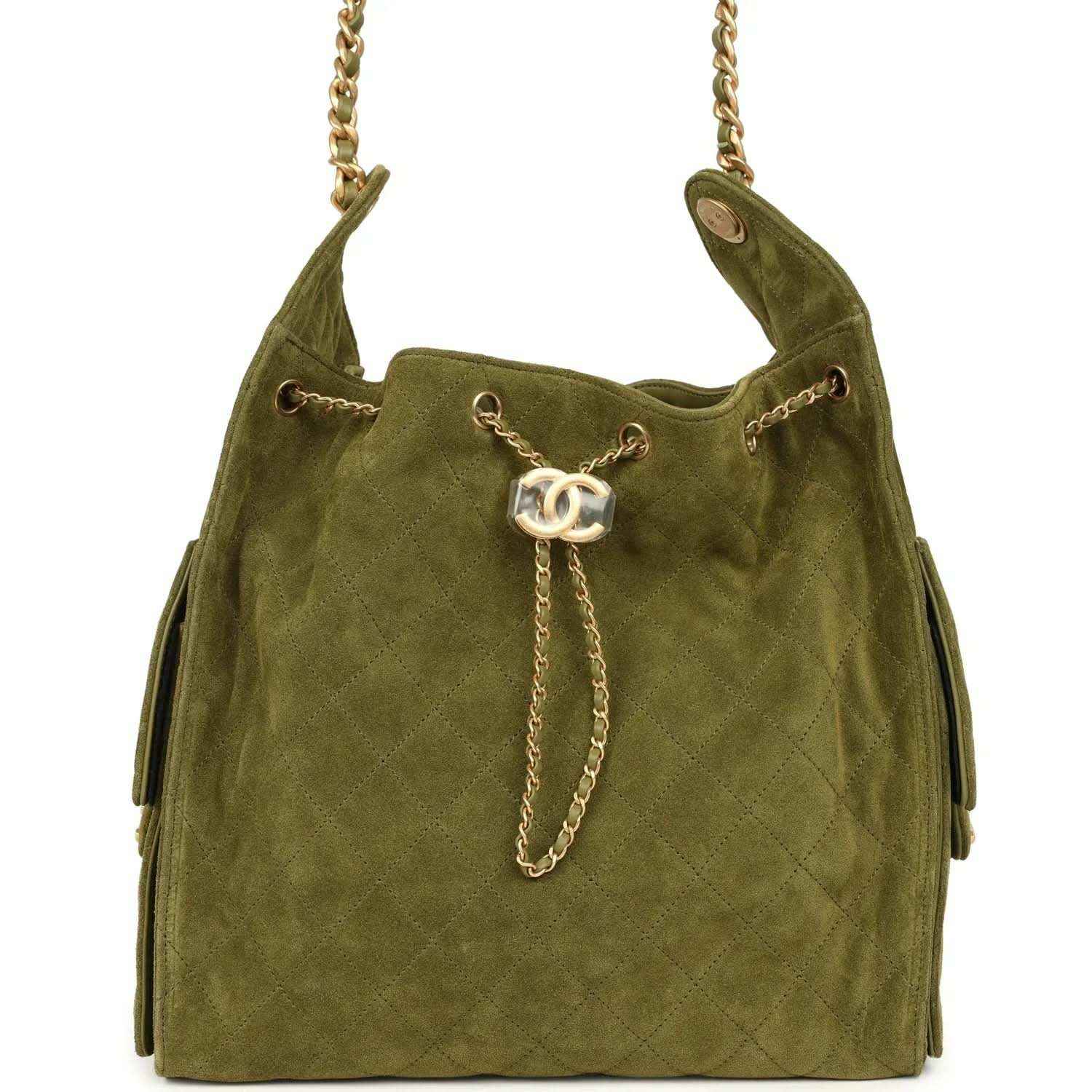 Khaki suede hobo bag with chain strap, CC turn-lock logo, antique gold hardware