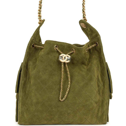 Khaki suede hobo bag with chain strap, CC turn-lock logo, antique gold hardware