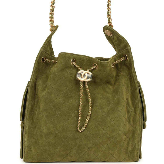 Khaki suede hobo bag with chain strap, CC turn-lock logo, antique gold hardware