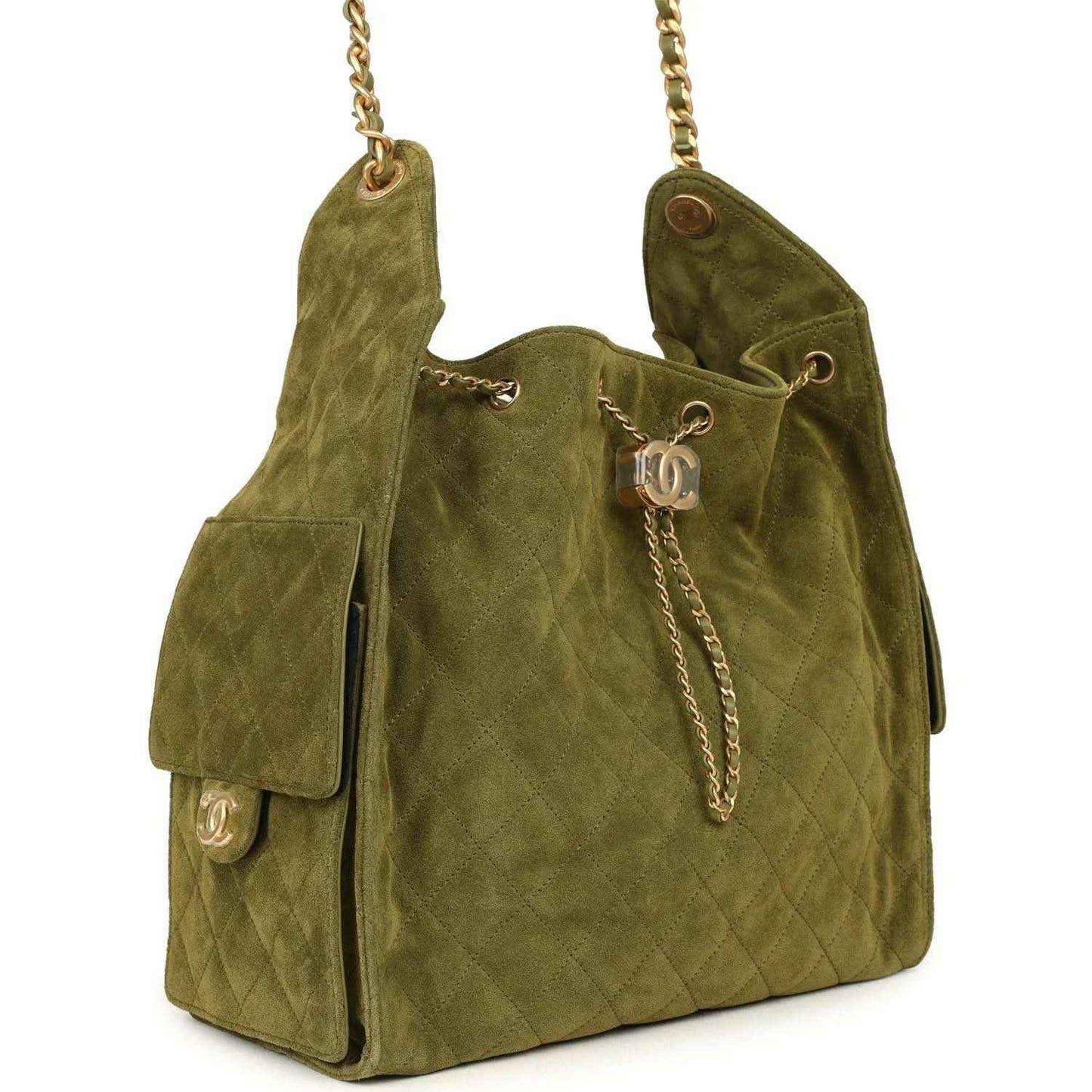 Khaki suede hobo bag with chain handles, front pockets, CC logo, antique gold hardware