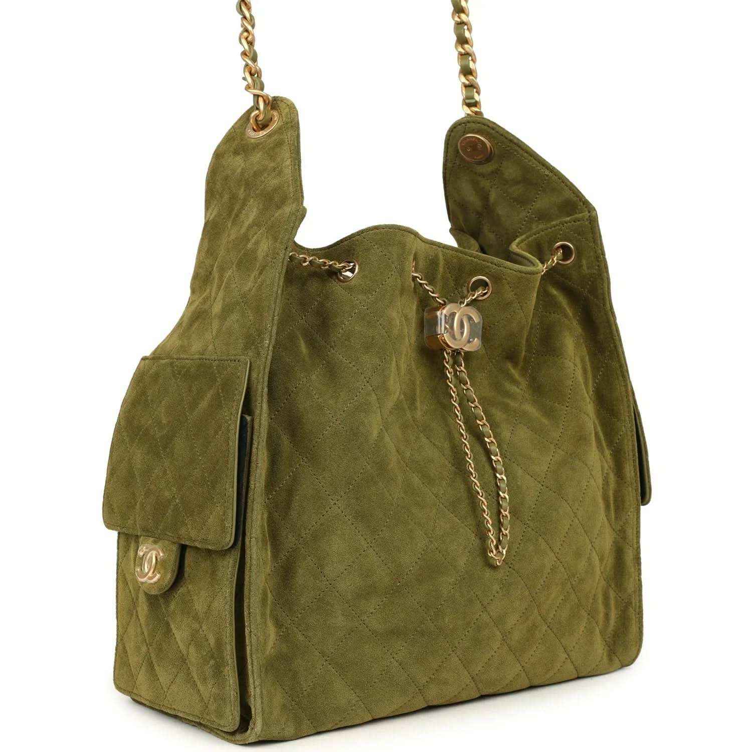 Khaki suede hobo bag with chain handles, front pockets, CC logo, antique gold hardware