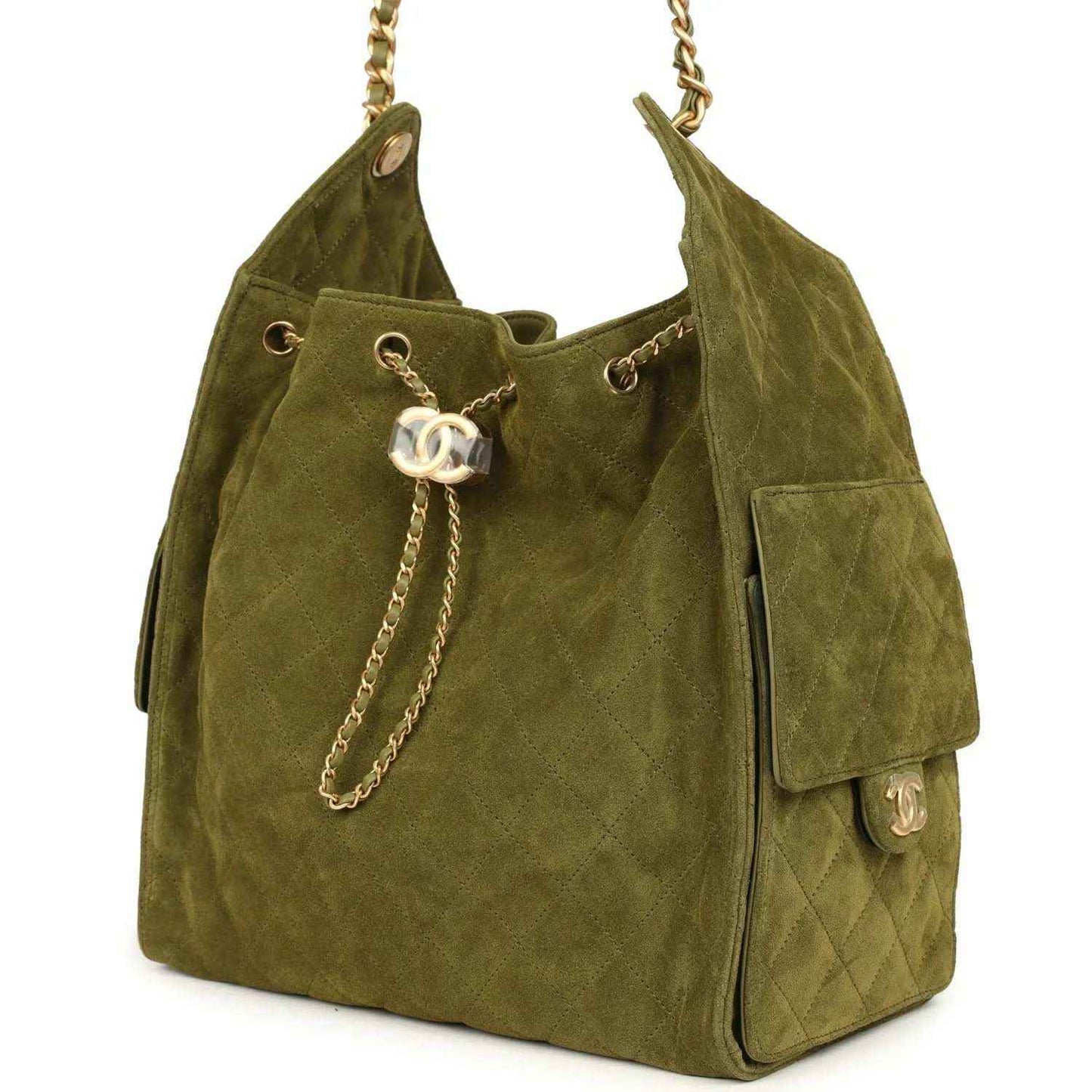 Khaki suede hobo bag with chain straps, side pocket panels, CC logo, gold hardware