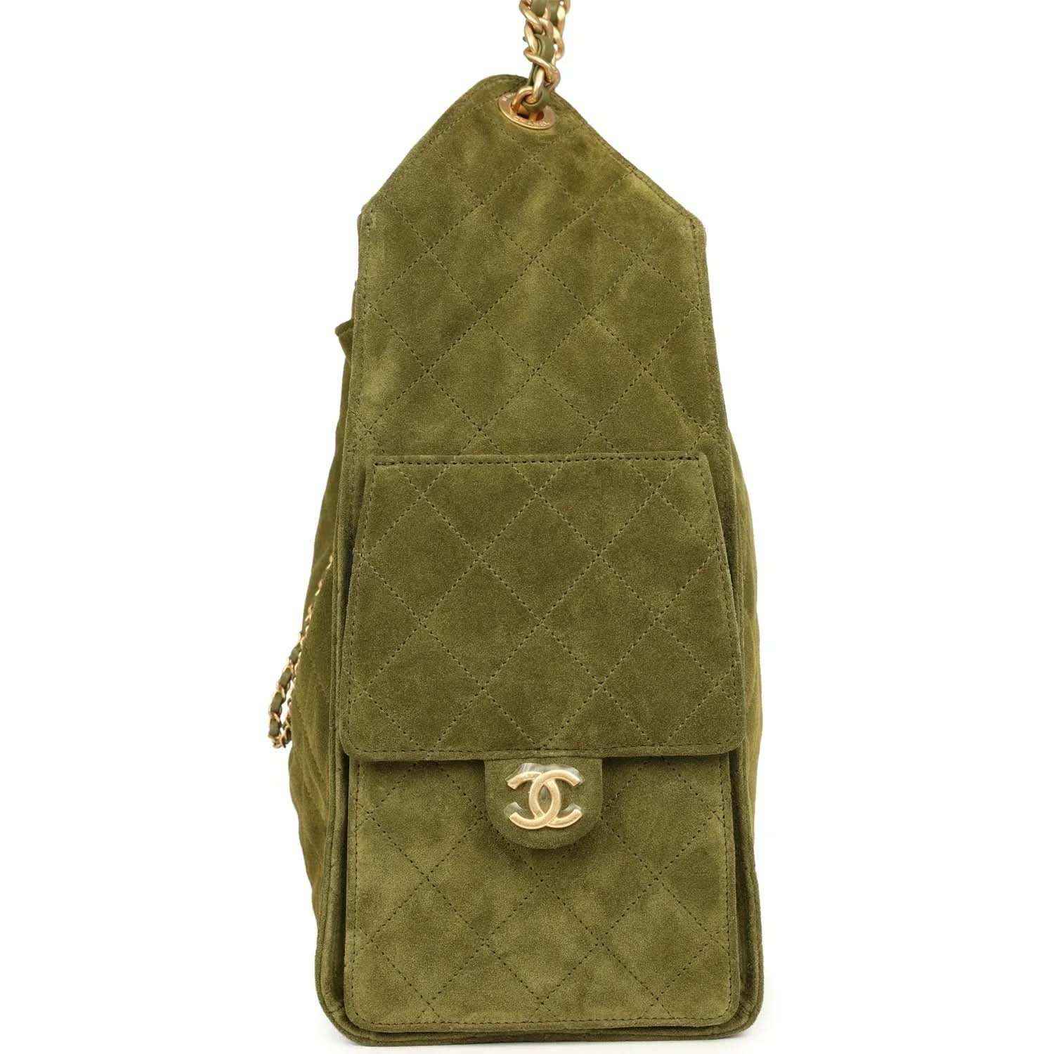 Khaki suede hobo bag with vertical back flap, CC logo plaque, antique gold hardware