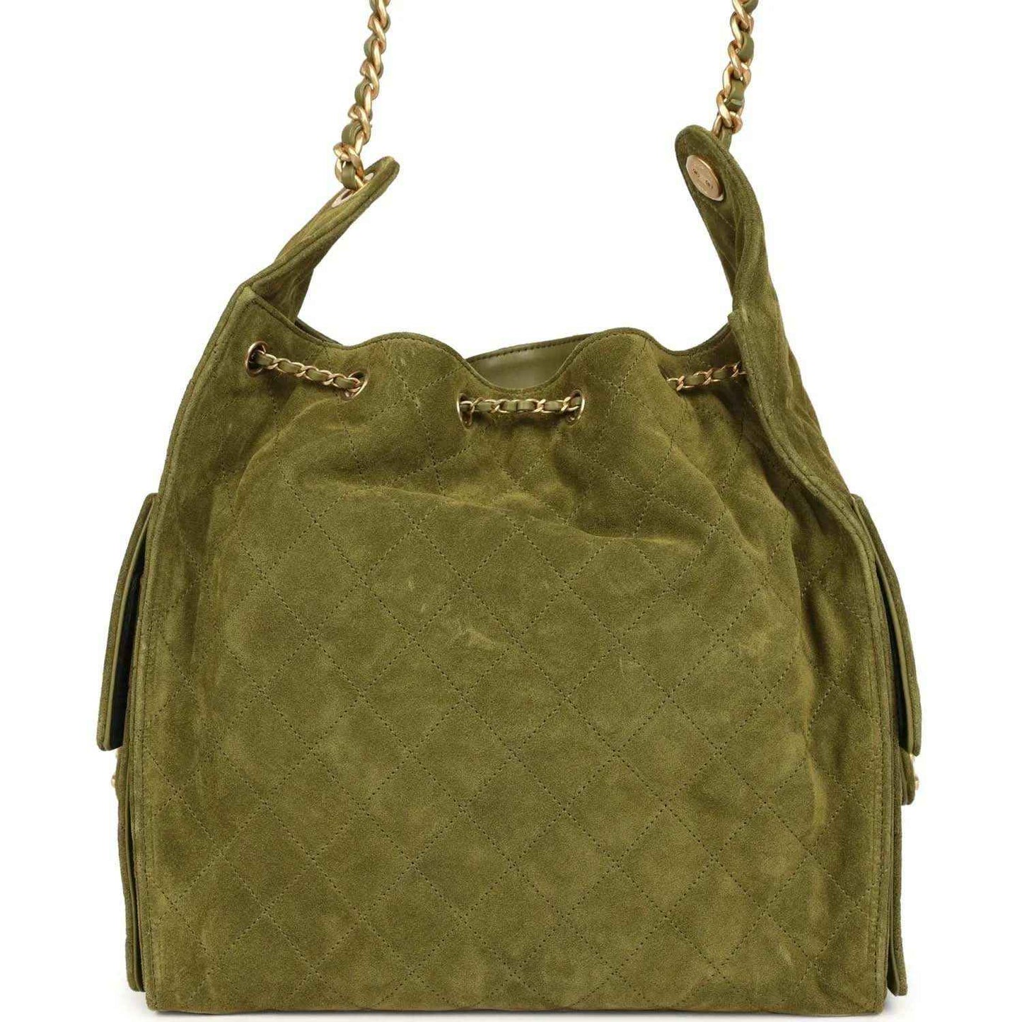 Khaki suede hobo bag with chain strap and CC logo, quilted diamond texture