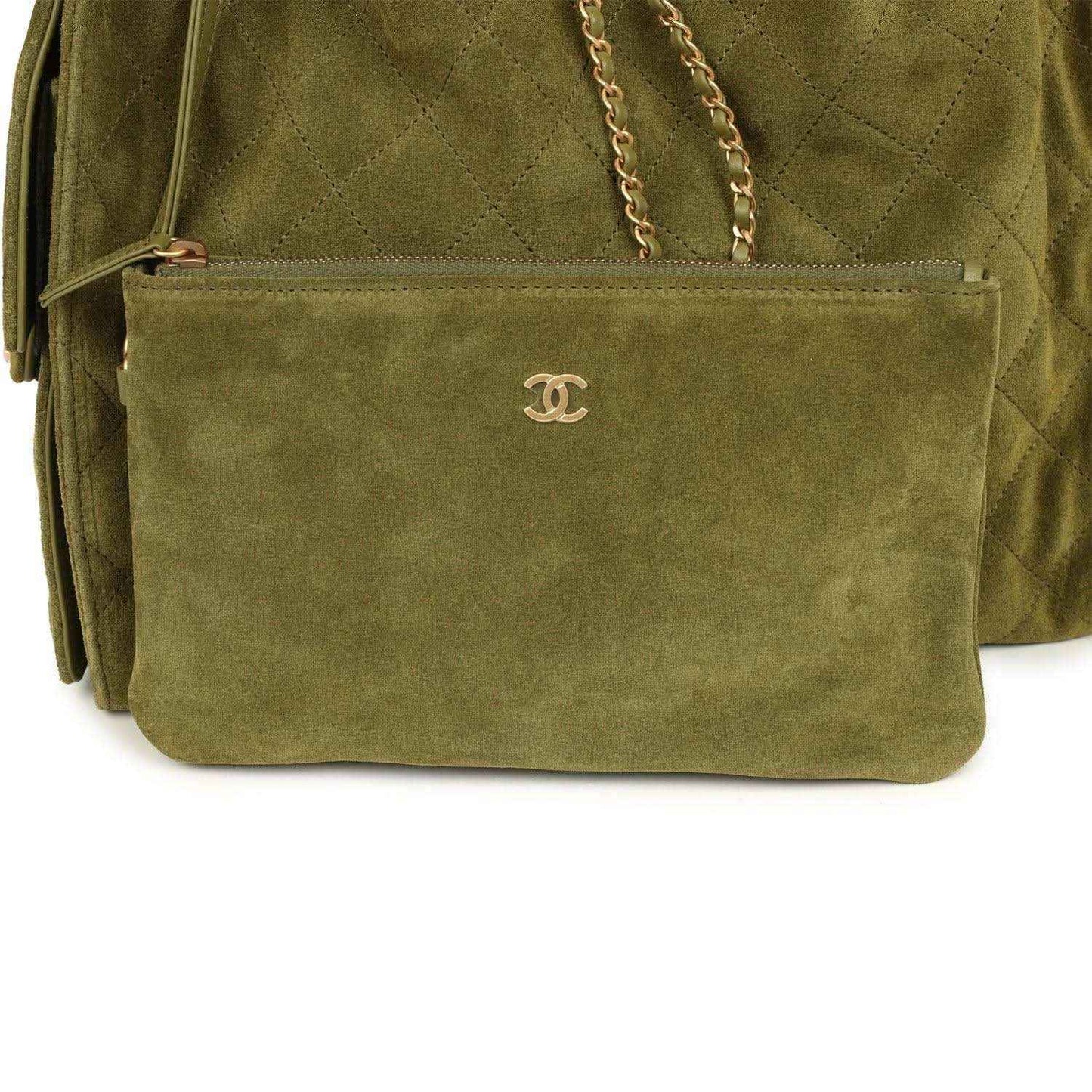 Khaki suede hobo bag front pouch with CC logo, gold chain detail, suede texture