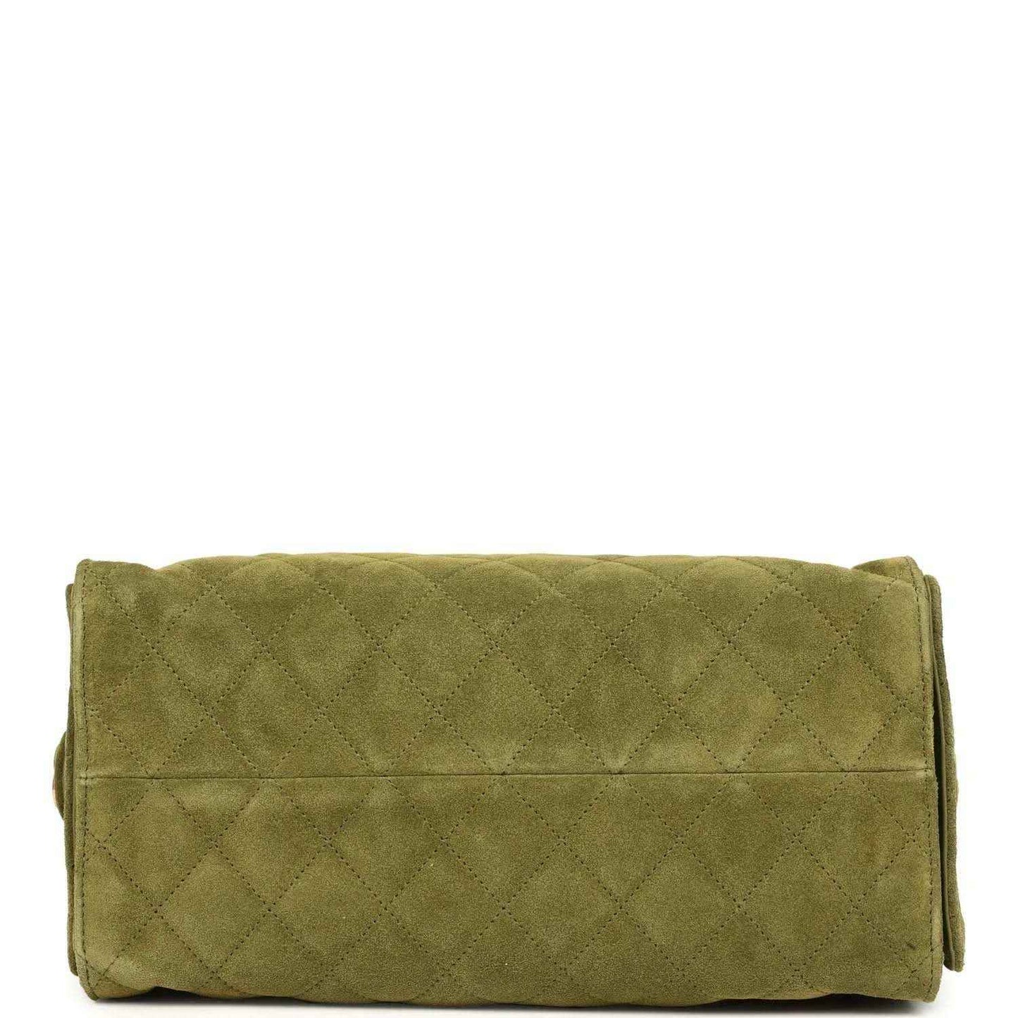 Khaki suede hobo bag base panel with quilted diamond texture and side tabs