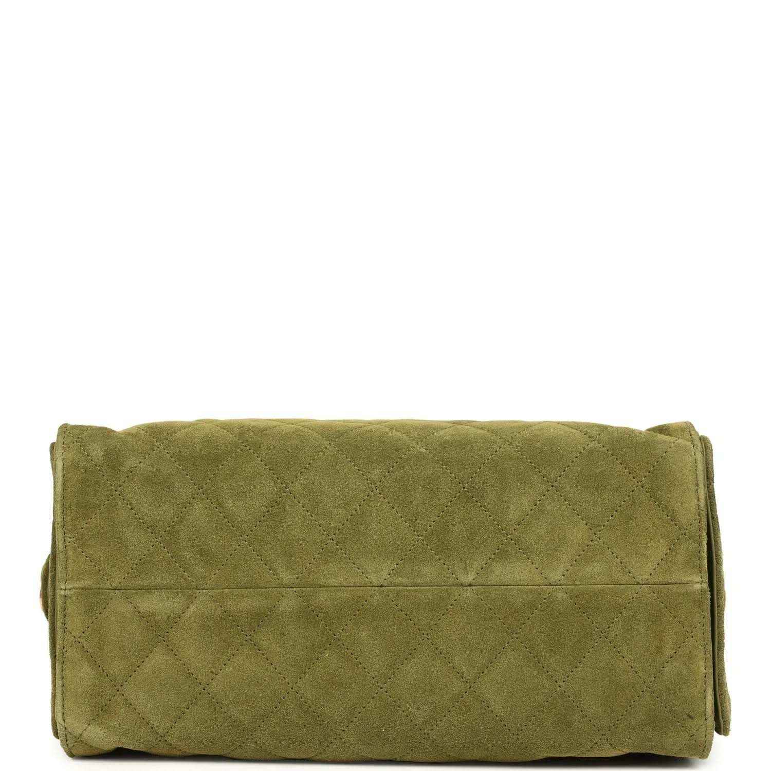 Khaki suede hobo bag base panel with quilted diamond texture and side tabs