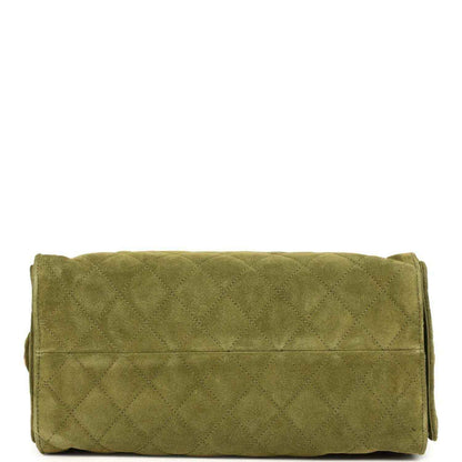 Khaki suede hobo bag base panel with quilted diamond texture and side tabs