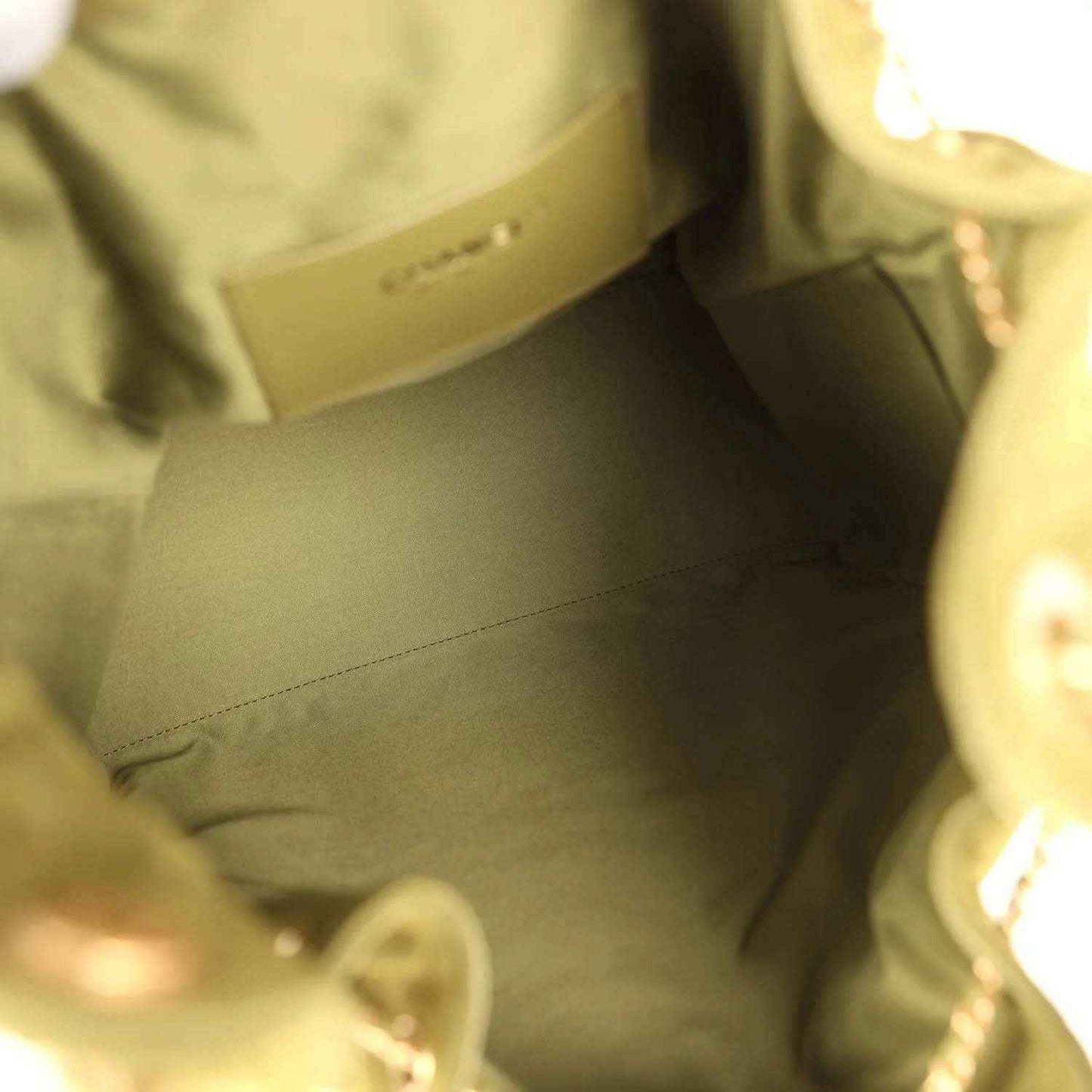 Suede hobo bag interior lining with visible seams and gold chain attachment