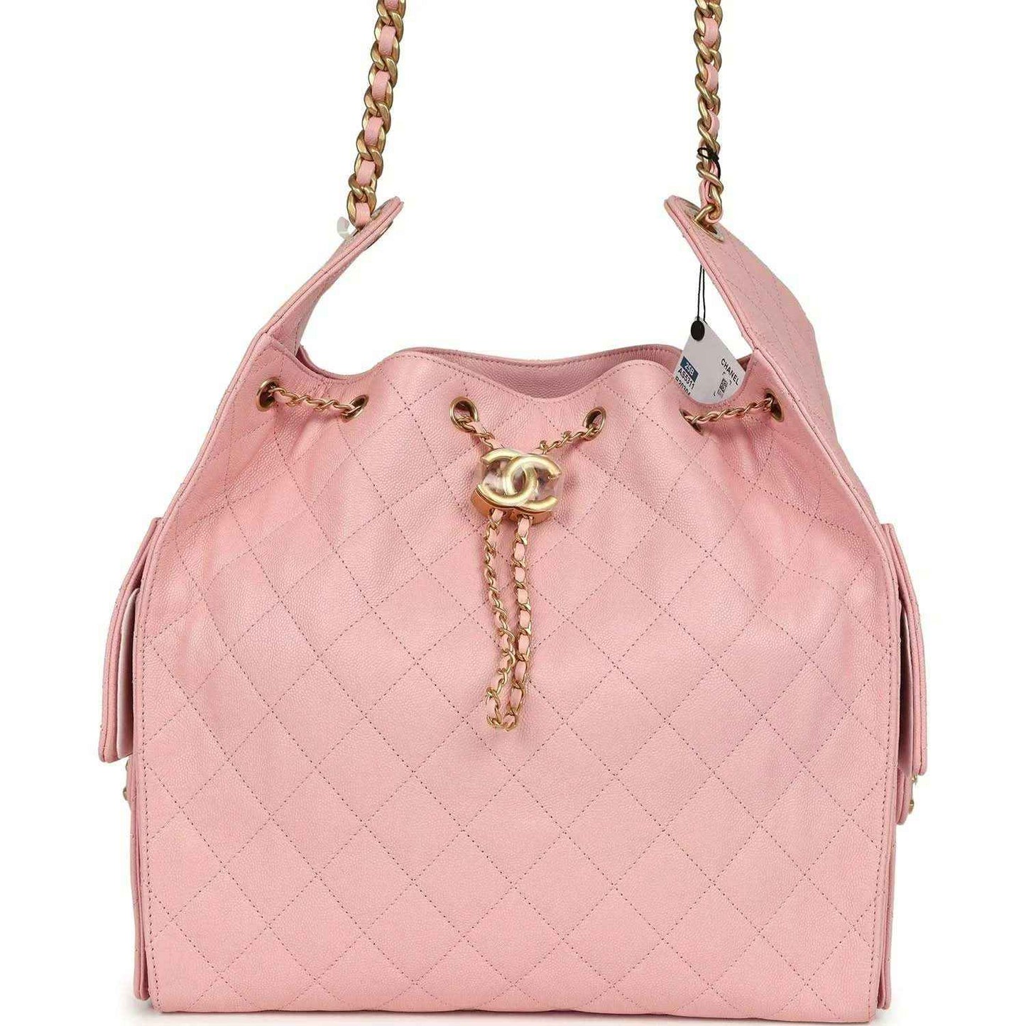 Light pink quilted caviar leather hobo bag with gold chain strap and CC charm