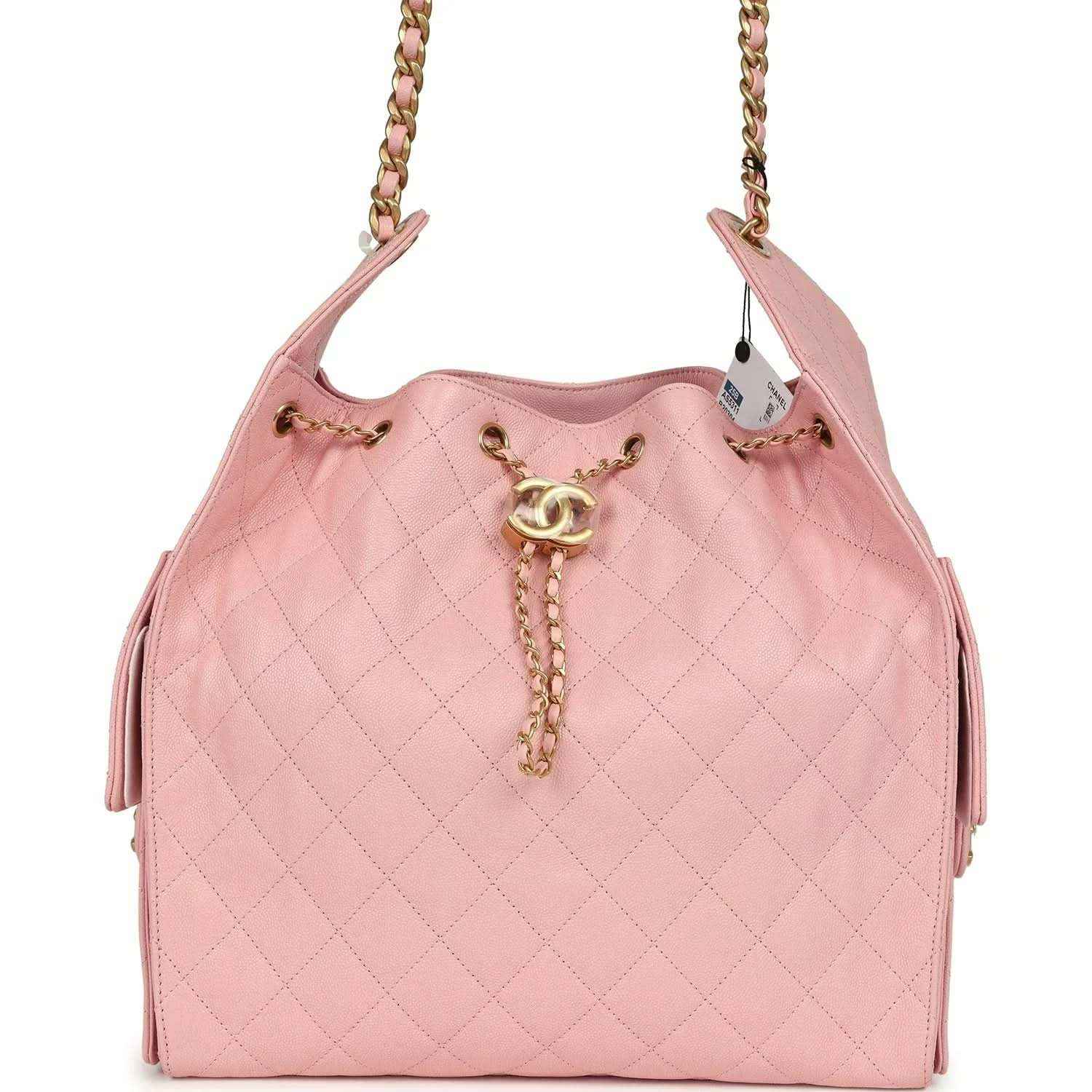 Light pink quilted caviar leather hobo bag with gold chain strap and CC charm