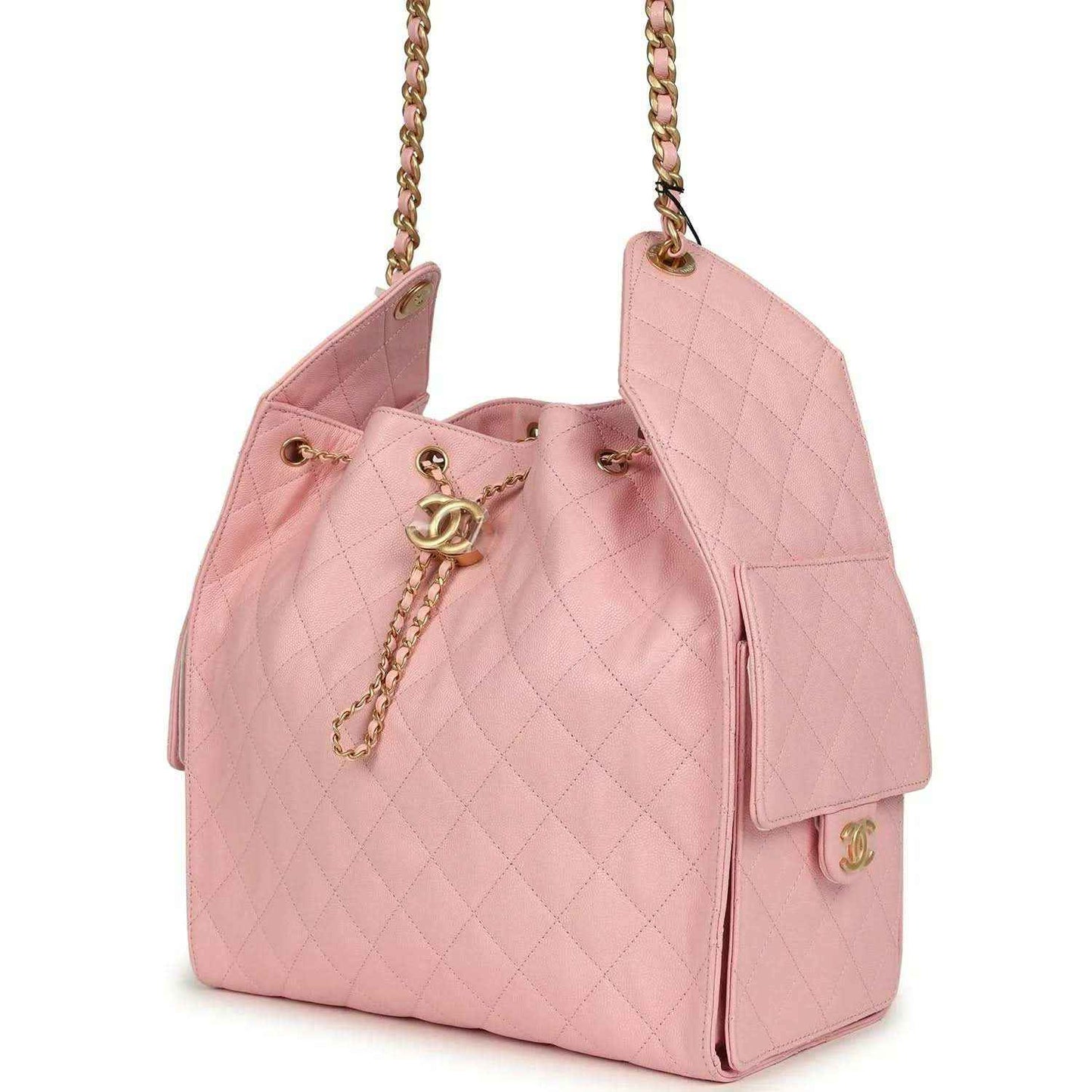 Light pink quilted caviar leather hobo bag with gold chain strap and front CC charm