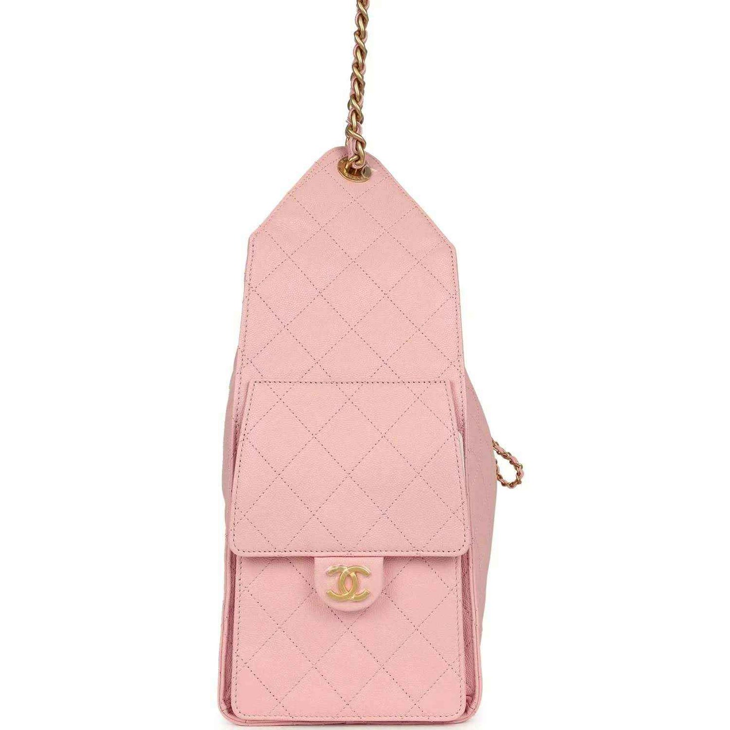 Light pink quilted caviar leather mini pouch on chain with flap and CC logo