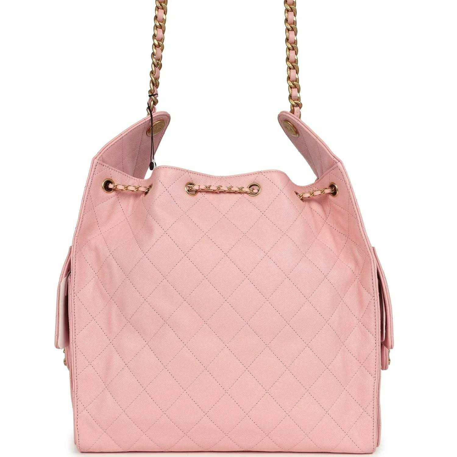 Light pink quilted caviar leather hobo bag with gold chain straps and front hardware