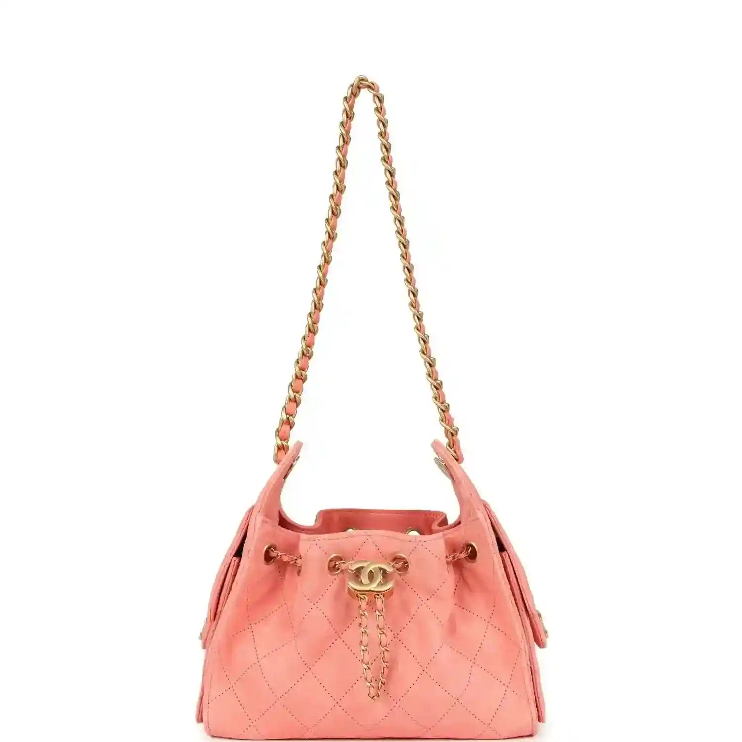 Chanel mini hobo bag in pink suede with gold-tone chain shoulder strap and top handles