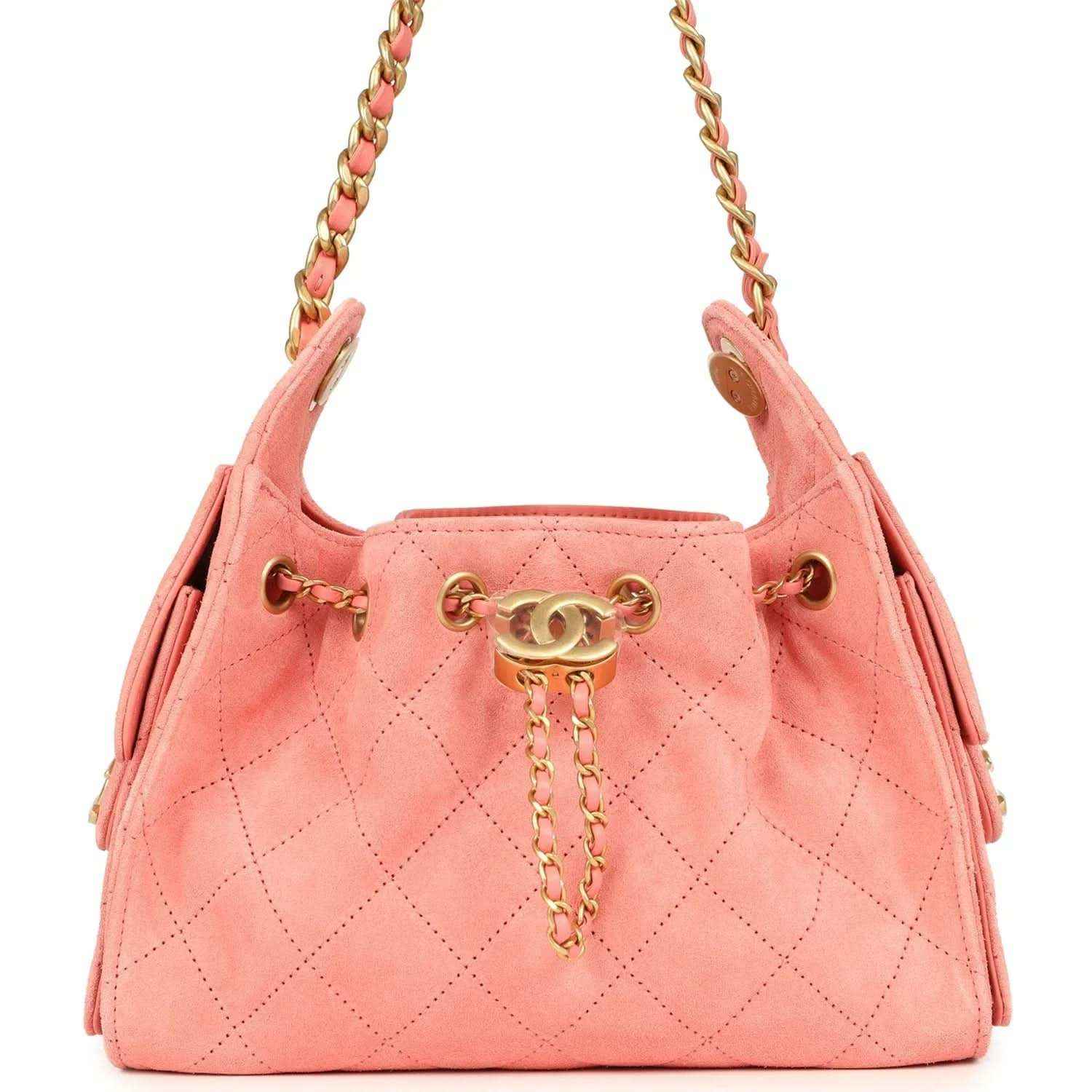 Chanel mini hobo bag in pink suede with gold-tone logo clasp and chain pull detail