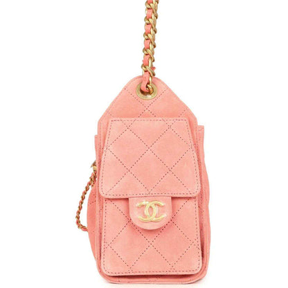 Chanel mini hobo bag in pink suede with flap pocket and CC logo plate