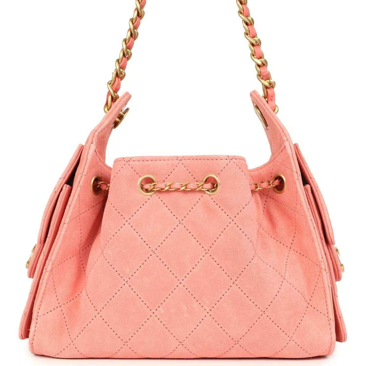Chanel mini hobo bag in pink suede with gold-tone chain shoulder straps and hardware