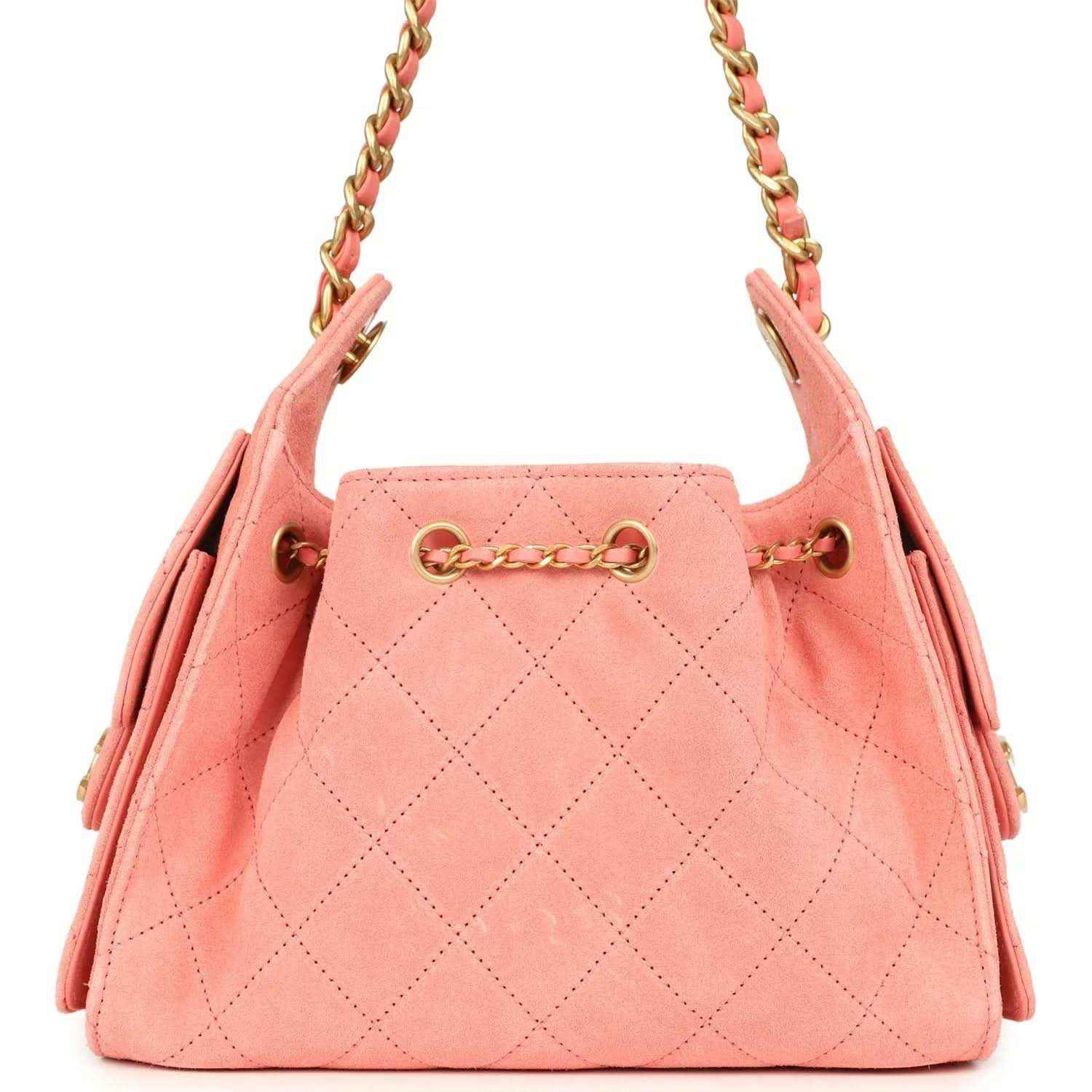 Chanel mini hobo bag in pink suede with gold-tone chain shoulder straps and hardware