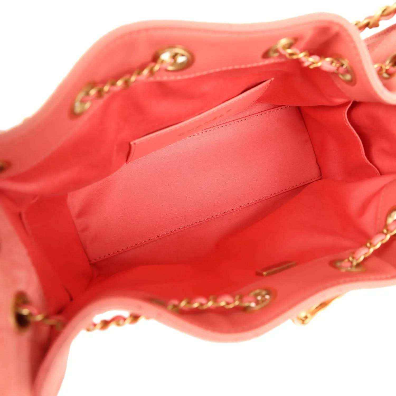 Chanel mini hobo bag interior with pink fabric lining and gold-tone chain accents