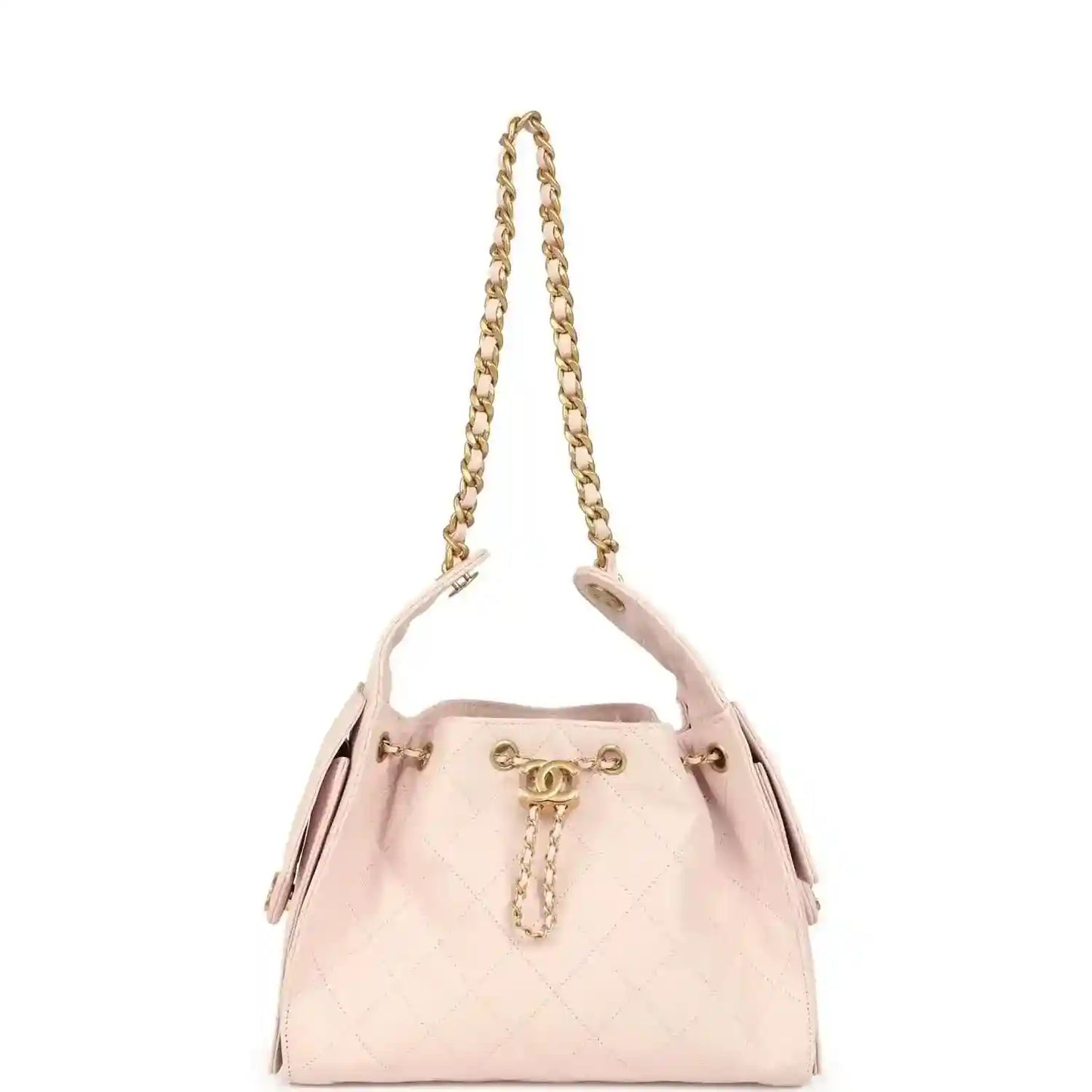 Pink quilted hobo bag with top chain handles and gold CC charm pull