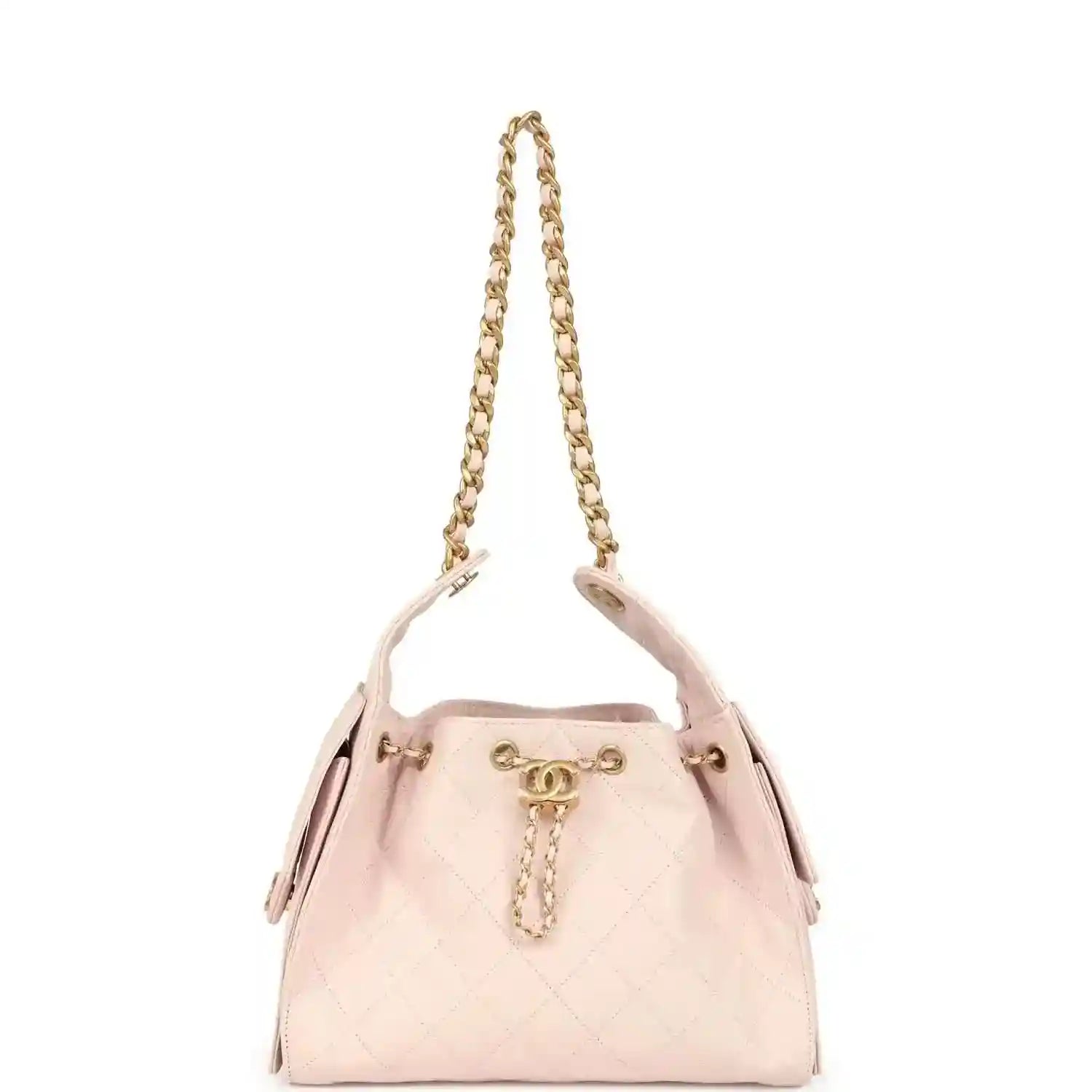 Pink quilted hobo bag with top chain handles and gold CC charm pull