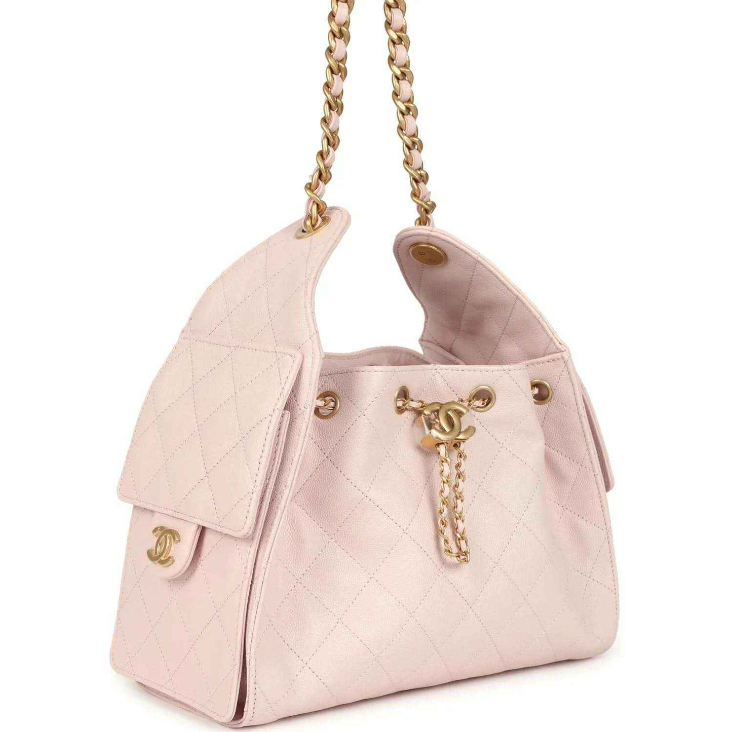 Pink quilted hobo bag with front flap, gold button hardware and chain strap