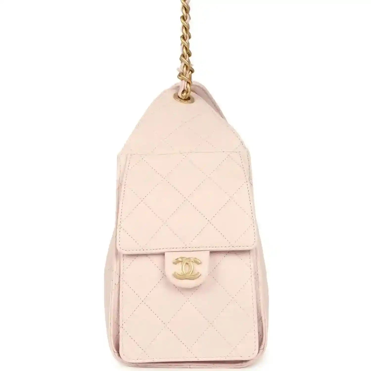 Pink quilted hobo bag with logo medallion and gold chain strap