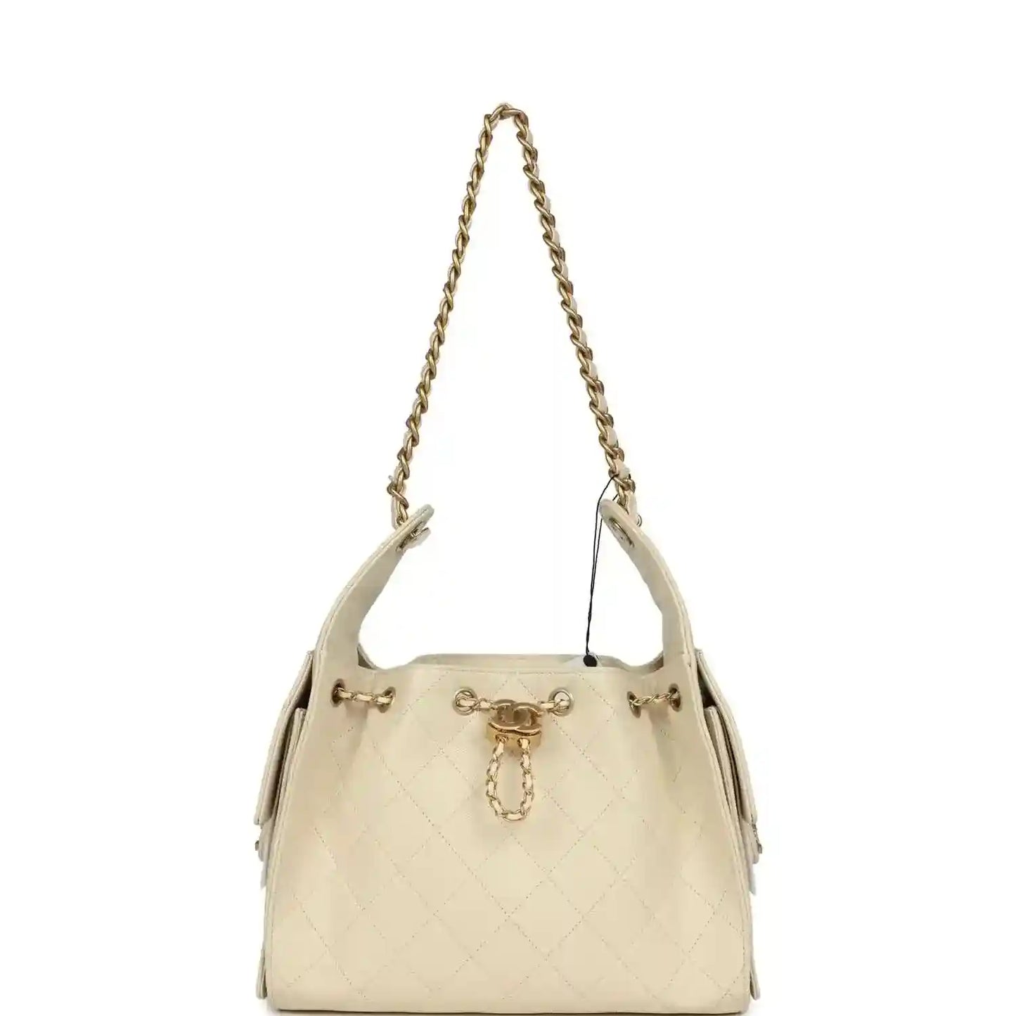 Light beige caviar hobo bag with gold-tone chain shoulder straps and top hardware