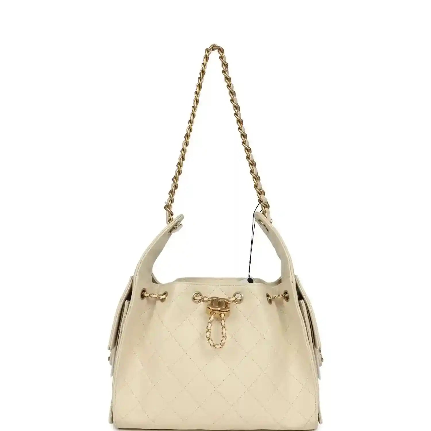 Light beige caviar hobo bag with gold-tone chain shoulder straps and top hardware