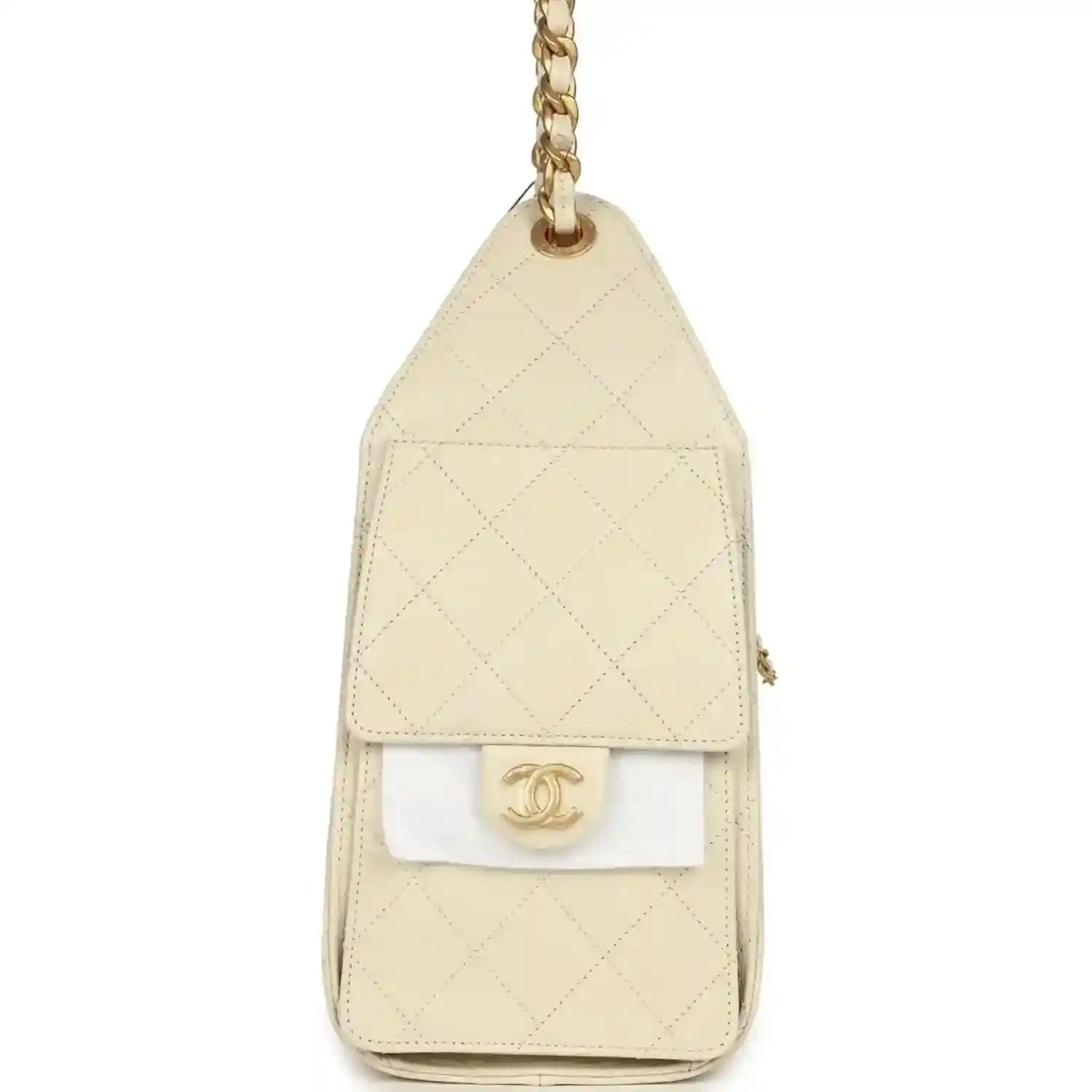 Light beige quilted mini hobo bag with gold-tone chain and CC logo on flap