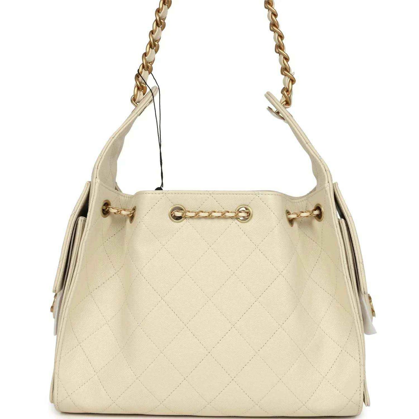 Light beige caviar hobo bag with gold-tone chain handles and quilted front