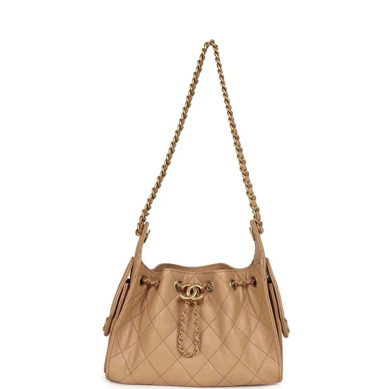 Beige mini hobo bag with chain shoulder strap and diamond-quilted caviar leather body