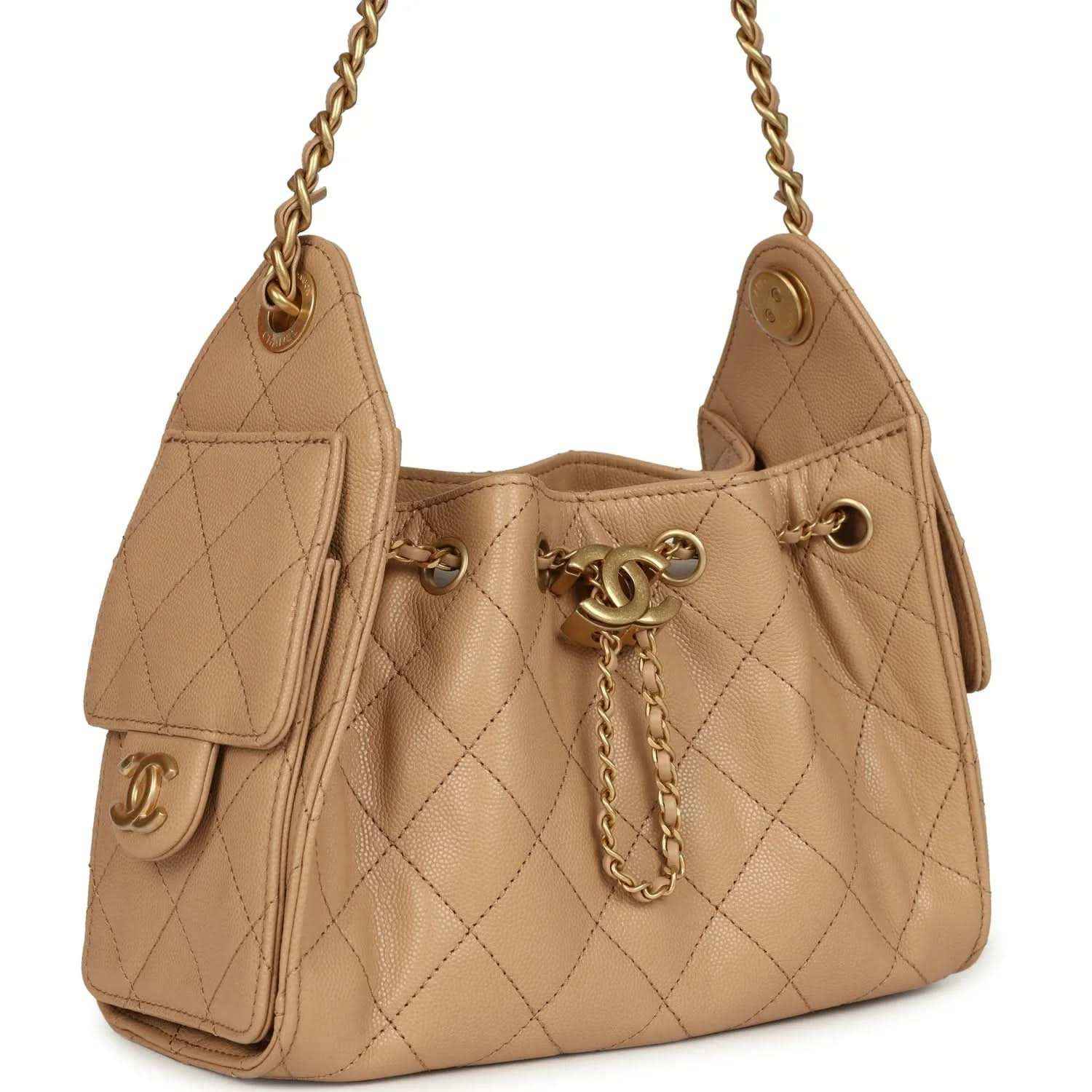 Beige mini hobo bag with quilted caviar texture, front Chanel clasp, chain strap