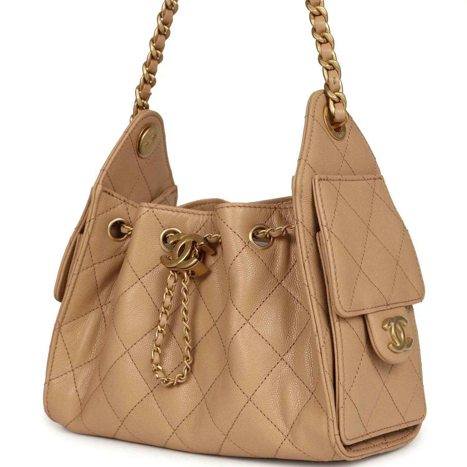 Beige mini hobo bag with quilted caviar leather, bow-like front hardware, chain straps
