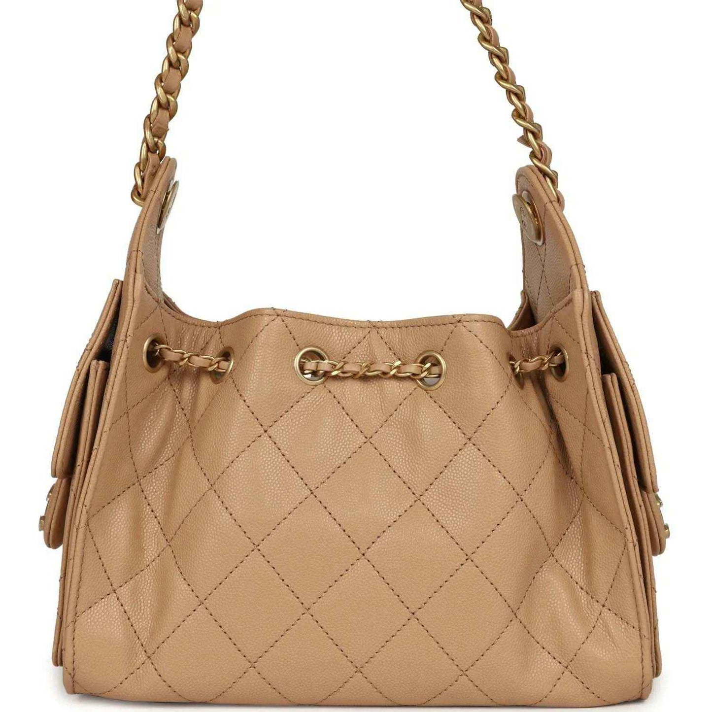 Beige mini hobo bag in quilted caviar leather with chain straps and gold-toned hardware
