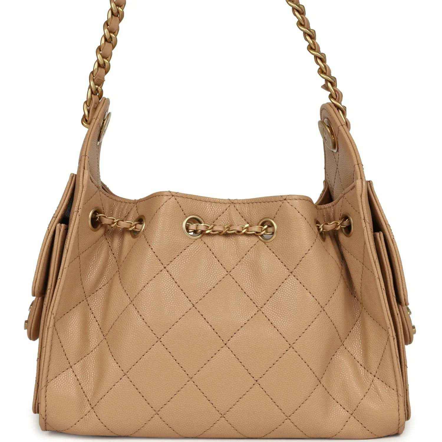 Beige mini hobo bag in quilted caviar leather with chain straps and gold-toned hardware