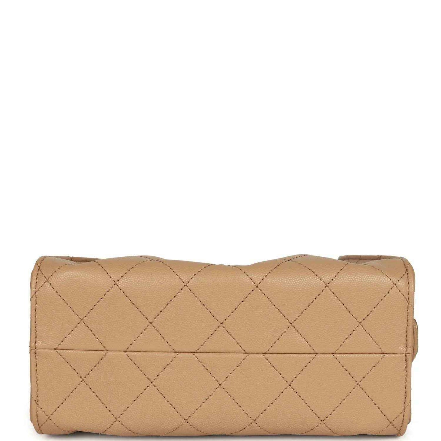 Beige diamond-quilted caviar leather mini hobo bag with rolled top