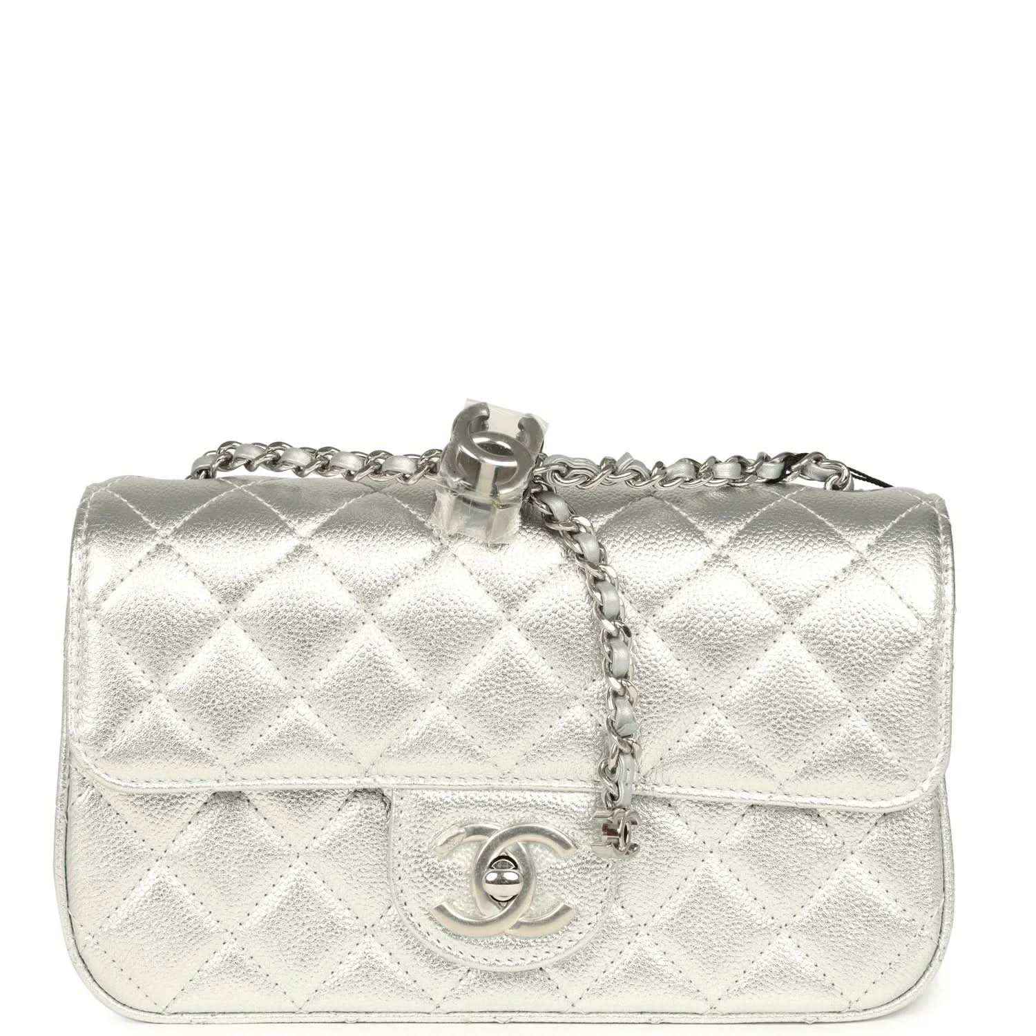 Chanel mini CC flap bag in silver metallic with quilted flap and CC logo