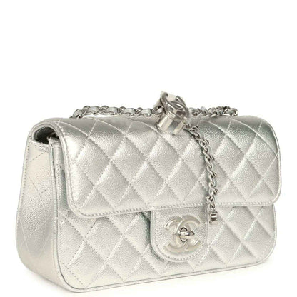 Chanel mini CC flap bag, silver metallic leather with quilted diamond pattern and chain strap