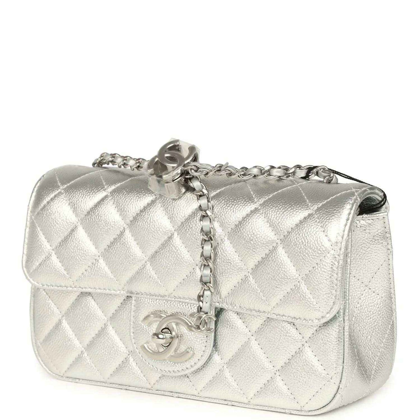 Chanel mini CC flap bag in silver metallic with quilted flap and chain strap