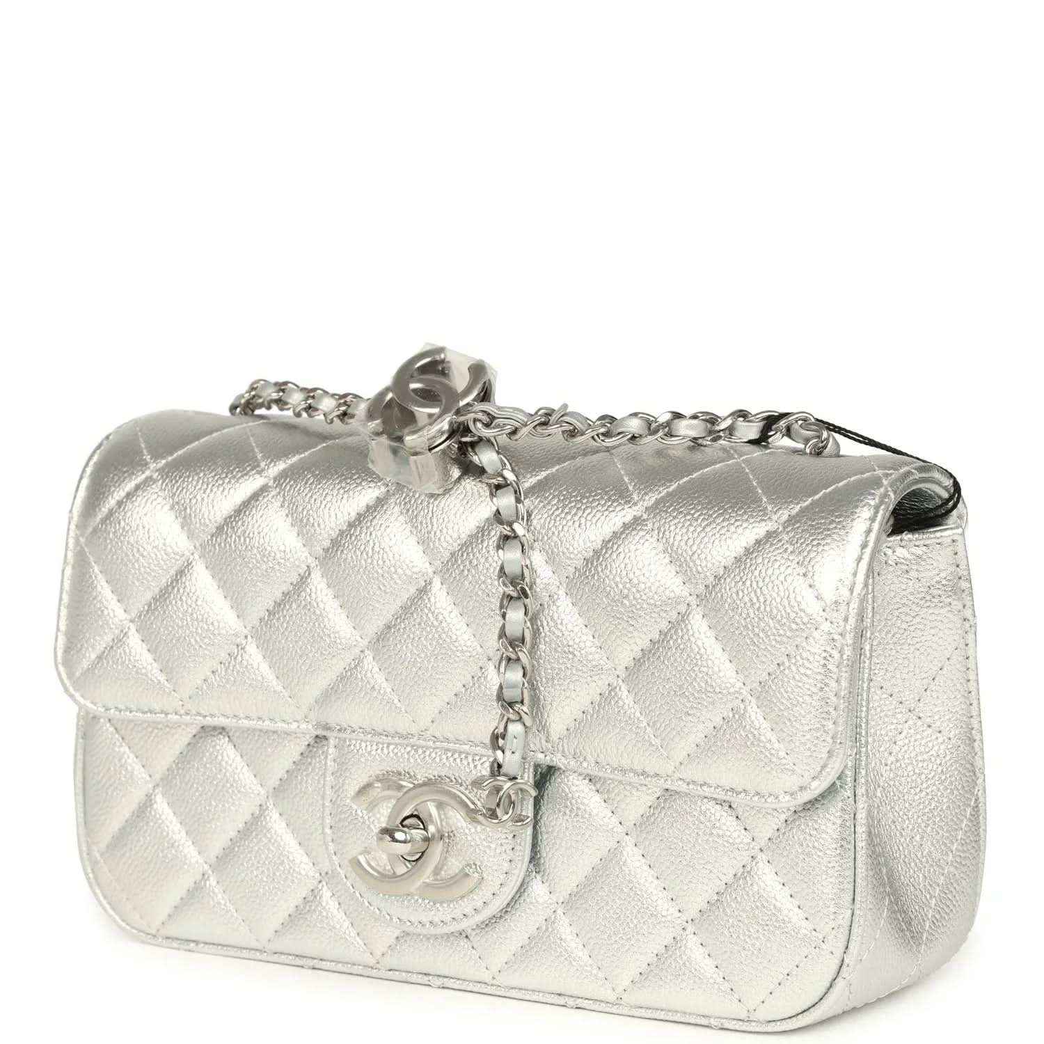 Chanel mini CC flap bag in silver metallic with quilted flap and chain strap