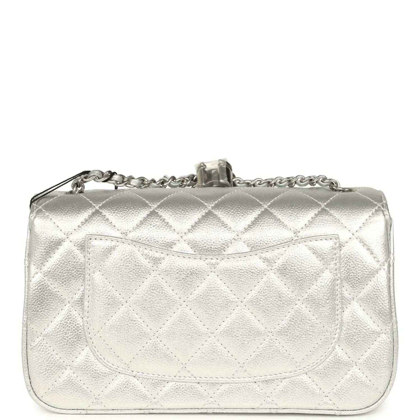 Chanel mini CC flap bag rear view in silver metallic with quilted diamond pattern